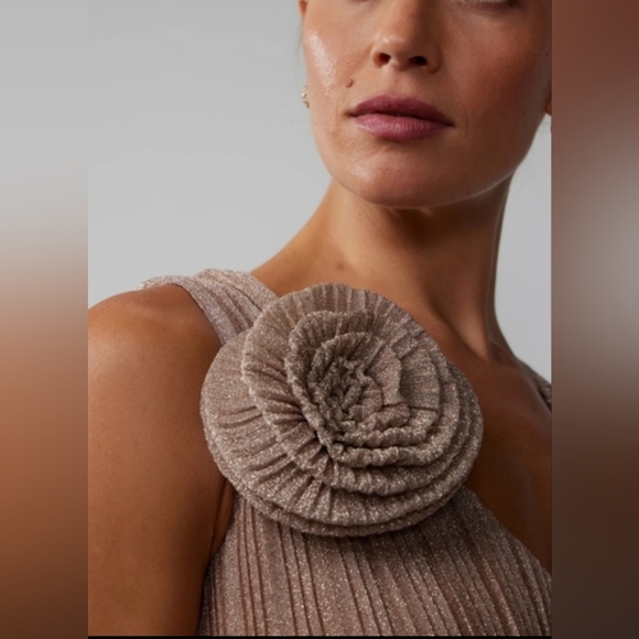 NY & Co🪩🏵️Metallic Plisse Tiered Rosette Dress - Picture 4 of 11